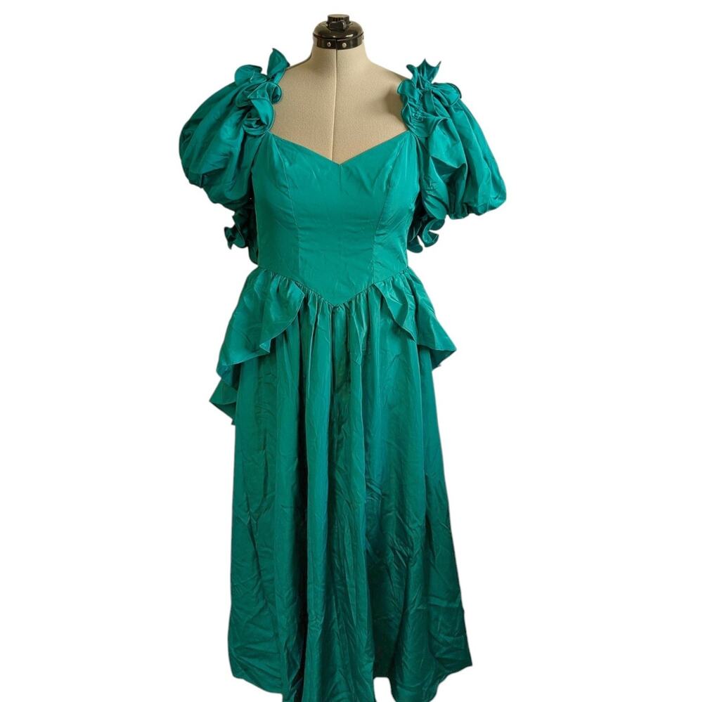 Vintage 80s Teal Green Taffeta Formal Dress Puff Sleeve Size 9/10 Prom Halloween